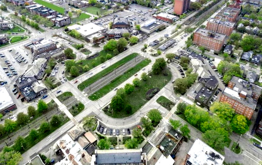 Aerial view of Shaker Square park and rail corridor in Cleveland